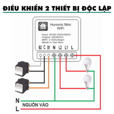 Công tắc Wifi Hunonic Mini 2 kênh 500W/kênh - LẮP SAU CÔNG TẮC ÂM TƯỜNG - Điều khiển từ xa bằng điện thoại