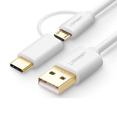 Ugreen 30170 0.5M màu trắng Cáp USB-A sang Micro USB + USB-C cao cấp US142 - Hàng chính hãng