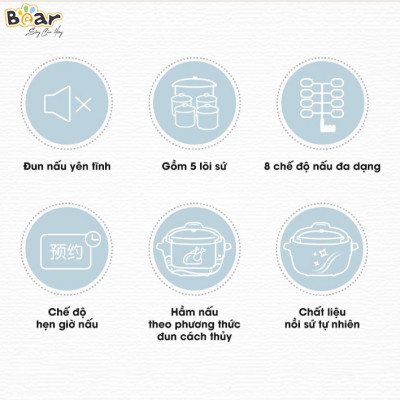 Nồi Nấu Chậm 2,5L Bear SUBE003 Đa Năng Hầm Cháo, Chưng Yến Bản Quốc Tế - Hàng Chính Hãng