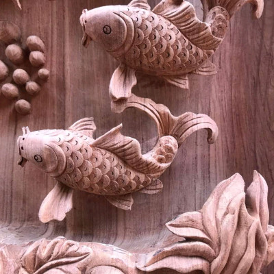 Cặp tranh treo tường lý ngư vọng nguyệt bằng gỗ hương đá siêu víp kt 42×127×8cm