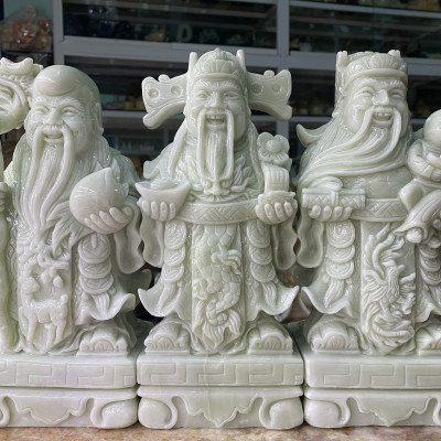 Bộ Tượng Tam Đa (Phúc Lộc Thọ) Đá Cẩm Thạch Trắng Xanh - cao 25cm