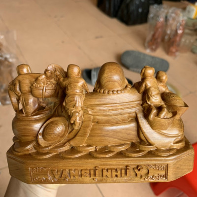 Tượng phật di lặc ngũ phúc mini gỗ bách xanh thơm nức kt 15×9×9cm