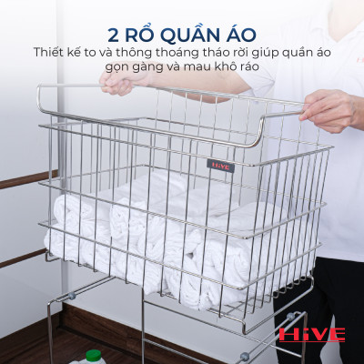 Kệ (Giỏ) Đựng Đồ, Chia Quần Áo Phòng Giặt HiVE 2 tầng inox 304 cao cấp có bánh xe