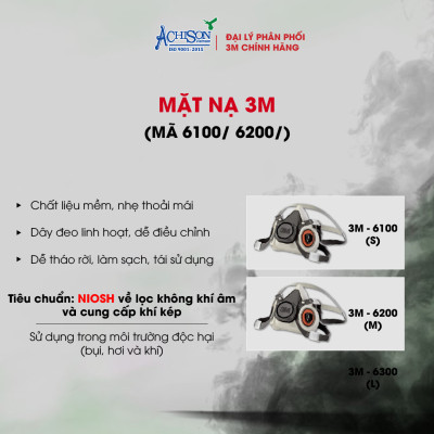 Bộ mặt nạ chống hóa chất, dùng phun thuốc trừ sâu - Mặt nạ nửa mặt 3M 6100/ 6200  kèm 2 phin lọc - Hàng chính hãng 100%