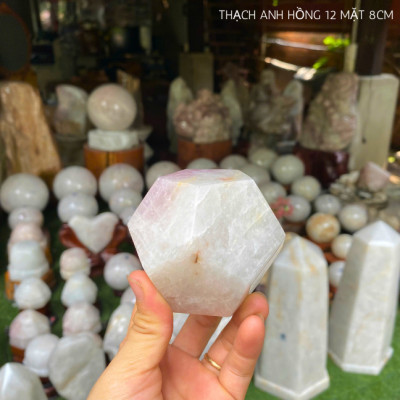Thạch anh hồng 12 mặt 8cm NHASAN QC1412 Hút vượng khí nặng 520gr