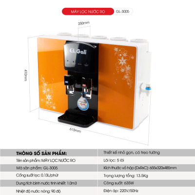 Máy lọc nước treo tường Gali công nghệ lọc RO Gali GL-3005 2 in 1 nước nóng nước mát. Hàng chính hãng bảo hành 12 tháng.