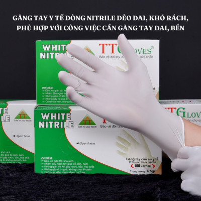 Găng Tay Y Tế Size L Không Bột Nitrile TTGLOVES Màu Trắng (100 Chiếc)
