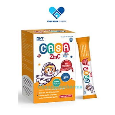 Casa zinC DHT Hộp 20 gói x 10ml - Bổ sung kẽm, Lysin, Vitamin (B1, B6, PP) cho cơ thể - Châu Ngân Pharma