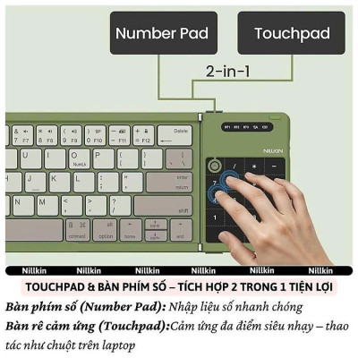Bàn phím gấp gọn di động không dây bluetooth V5.2 tích hợp trackpad & phím số hiệu Nillkin Cube Pocket - Nhỏ gọn, mỏng nhẹ, phím tắt thông minh, hỗ trợ Androids & iOS, gõ thoải mái cho iPad cho iPhone, máy tính bảng, cho macbook, laptop - hàng nhập khẩu