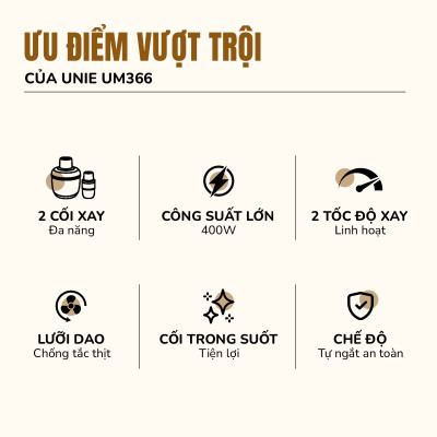 Máy xay thịt UNIE UM366, công suất 400W, 2 cối thủy tinh tiện lợi, động cơ đồng cao cấp; xay thịt, đánh ruốc, bóc tỏi tiện lợi; hàng chính hãng bảo hành 12 tháng