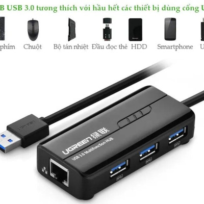 Ugreen UG2026520265TK 28CM màu Đen HUB chuyển đổi USB 3.0 Sang 3 USB 3.0 + LAN cao cấp hỗ trợ tốc độ 1 Gbps - HÀNG CHÍNH HÃNG