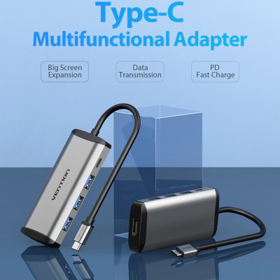Cáp chuyển đổi Type-C sang HDMI + 3 cổng USB 3.0 + Type-C PD  Vention CNBHB - hàng chính hãng