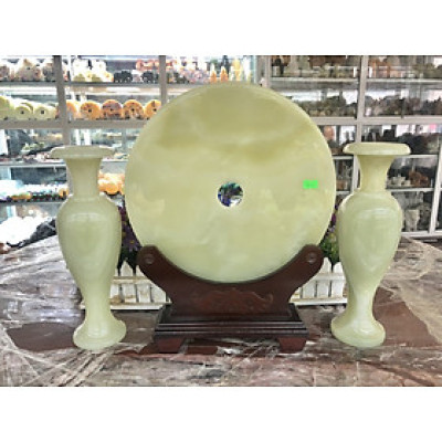 Bộ combo Cặp Lục Bình, Lọ Hoa và Đồng tiền, Đồng điếu phong thủy đá ngọc Onyx trang trí phòng khách, bàn làm việc