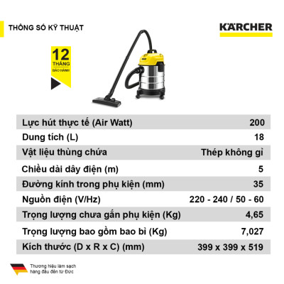 Máy hút bụi đa năng khô và ướt WD 1s Classic dành cho Karcher (New 2023) - Hàng Chính Hãng