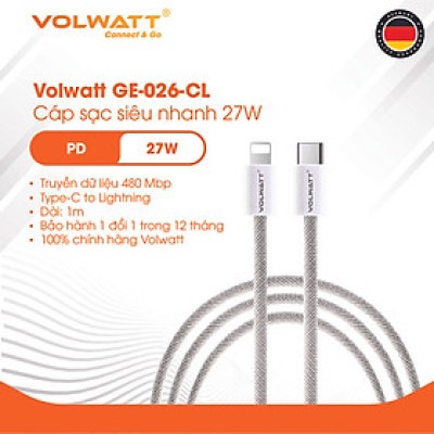 Cáp sạc nhanh 27W Volwatt GE-026-CL hàng chính hãng | Cáp Type-C to L PD, thích hợp từ iP14 trở xuống - BH 12 tháng