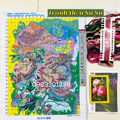 Tranh thêu kín Hoa mẫu đơn DX1414, kích thước 55 x 70 cm