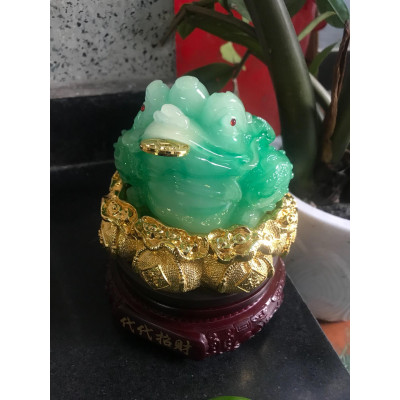 Tượng Cóc Thiềm Thừ Xanh Ngọc Sáng Đẹp Ngậm Tiền Trên Hủ Tiền Thỏi Vàng Đế Gỗ Xoay Size Cao 17cm đk 14cm hợp mệnh mộc mệnh hỏa anh chị để bàn làm việc hay bàn thờ thần tài ạ