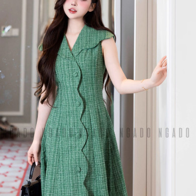 Đầm tweed xanh cổ vest NGADO , đầm ngắn dự tiệc