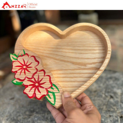 Khay gỗ trái tim khắc hoa Anzzar, khay gỗ trang trí, đựng bánh kẹo, quà tặng decor, khay gỗ đựng mứt, bánh kẹo-01
