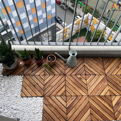 Sàn Gỗ Lót Ban Công Thương Hiệu ANKAN Màu Nâu Vàng Nan Hoa, Vỉ Gỗ Lót Sàn Dùng Để Lót Sân Vườn, Nhà Tắm, Phòng Spa, Có Phủ PU, Siêu Bền, Chống Thấm, Chống Trơn Trượt, Tiêu Chuẩn Xuất Khẩu (9 Vỉ) - Hàng Chính Hãng