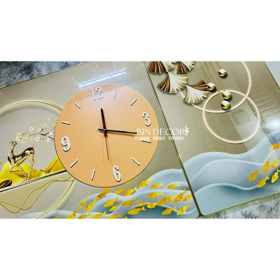 Tranh đồng hồ tráng gương cách điệu hươu vàng tài lộc trang trí phòng khách, làm quà tân gia