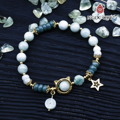 Vòng cẩm thạch phỉ thúy phối lam ngọc charm bạc mạ vàng - Ngọc Quý Gemstones