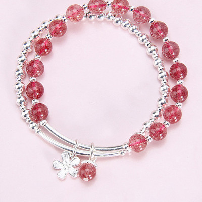 Vòng tay 2 line đá thạch anh dâu phối charm hoa bạc mệnh hỏa, thổ - Ngọc Quý Gemstones