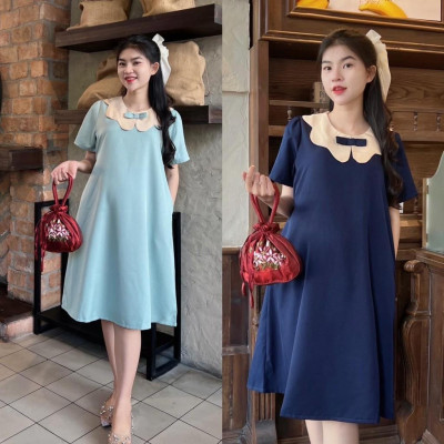 Đầm bầu công sở cổ sen phối nơ chất cotton lạnh phom suông gọn dáng thanh lịch