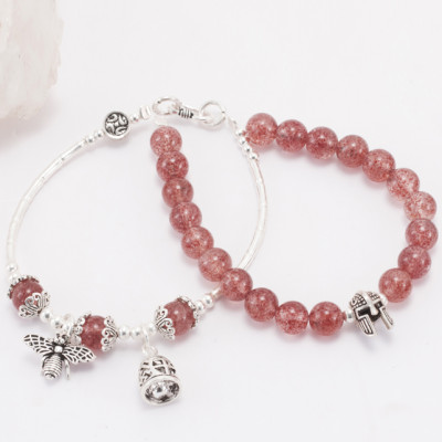 Vòng 2 Line Thạch Anh Dâu Phối Charm Ong Bạc (6mm)