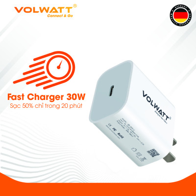 Củ sạc nhanh Volwatt GE-30G-C Super Fast Charger dùng cho iPhone/ Samsung/ OPPO... (30W, Type C, PD/ QC3.0 Quick charger) - Hàng chính hãng - Bảo hành 12 tháng