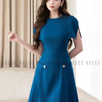 Đầm xanh cổ tròn xếp ly NGADO , đầm nữ , đầm kiểu , đầm công sở , dự tiệc