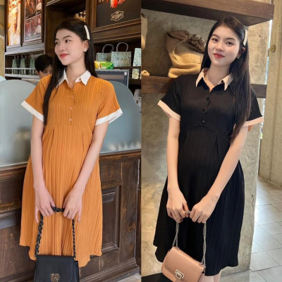 Đầm bầu babydoll đũi gân cổ sơ mi thanh lịch, phối màu bầu diện dễ thương