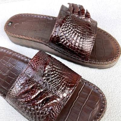 Dép nam quai ngang da cá sấu đế cao 3cm 2 loại móng, trơn 2 màu nâu đen DCS200