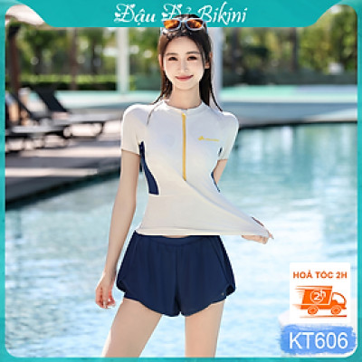 Set Đồ Bơi Nữ Dài Tay Chống Nắng UV Đa Năng, Áo Bơi Khóa Kéo Trước Vải Co Giãn Cao & Quần Đùi Bơi 2 Lớp Nhanh Khô, Thời Trang Trẻ Trung, Dễ Mặc | KT606