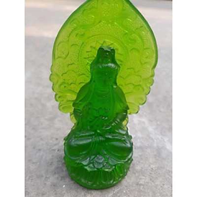 Tượng Phật Bà Quan Âm Mới Đá Lưu Ly Xanh Lá Tươi Đẹp Để Xe Hơi hoặc để bàn cao 12cm đk 7cm đế 5cm Hợp Mệnh Hỏa Mệnh Mộc ạ