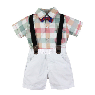 Bộ quần áo sơ sinh bé trai cao cấp, phong cách công tử, sơ mi cộc tay & quần dây đeo, áo cotton mịn mát, quần vải thô dày dặn | MB11