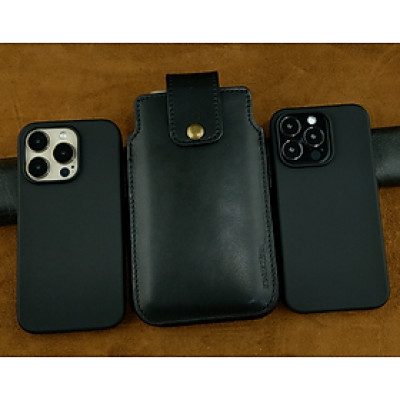 Bao da đựng 2 điện thoại có sử dụng ốp lưng vừa đeo lưng và cầm tay da bò thật may thủ công bền đẹp - Hàng chính hãng