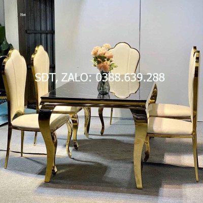 Bàn ăn mặt đá cẩm thạch nhân tạo cao cấp chân inox mạ vàng PVD kết hợp ghế Hoa Mai