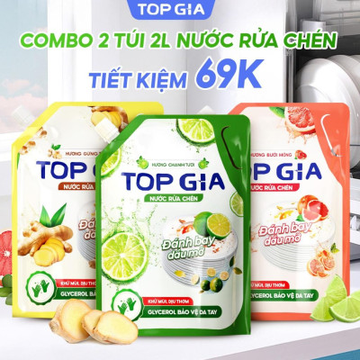 Combo 2 Túi 2L Nước Rửa Chén TOPGIA Thiên Nhiên, Làm Sạch Dầu Mỡ Hiệu Quả Và An Toàn Cho Da Tay