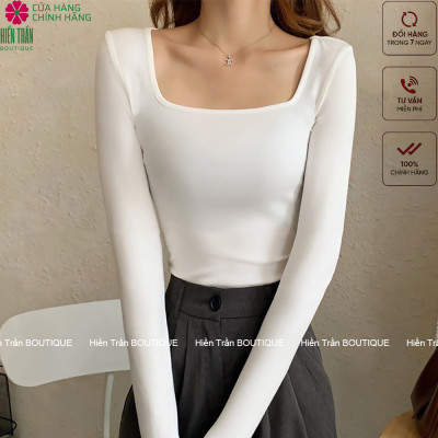 Áo croptop tay dài Hiền Trần BOUTIQUE cổ vuông vải thun ôm body crotop nữ cotton co giãn tốt