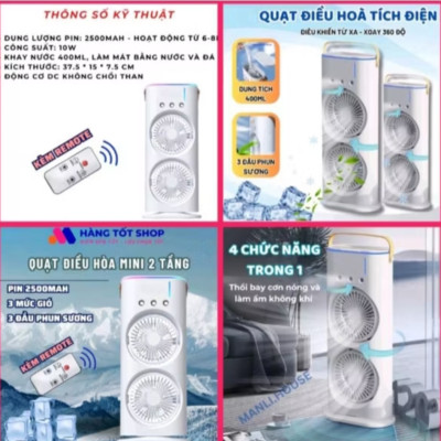 1 QUẠT GIÓ PHUN SƯƠNG 2 TẦNG GIÓ SIÊU MÁT LẠNH QUẠT SẠC PIN CÓ ĐIỀU KHIỂN TỪ XA