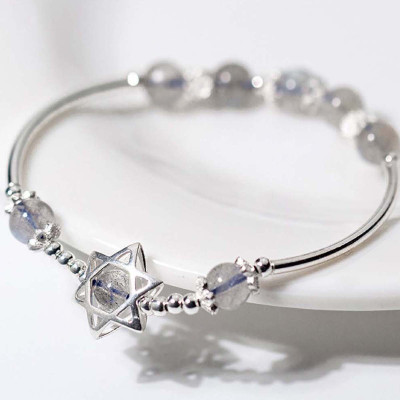 Vòng tay đá xà cừ ánh xanh charm ngôi sao 6 cánh thủy, kim - Ngọc Quý Gemstones