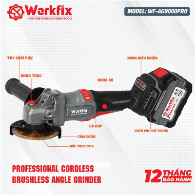 [Chống Lật Cổ Tay] Máy Mài 100mm Dùng Pin Workfix WF-AG9000PRO -Công Tắc Bóp - Brushless Motor - 2 Pin 15 Cell 21V/4.5Ah