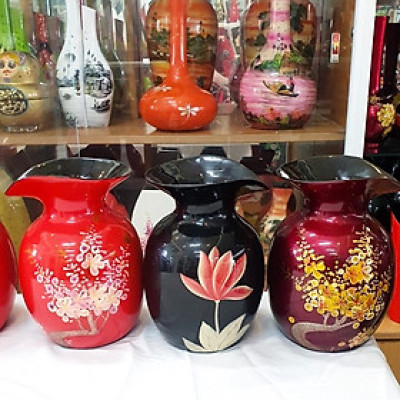 Bình hoa sơn mài cao cấp miệng kiểu loe, cắm hoa, trang trí, quà tặng ý nghĩa size 21.5x14x14 cm