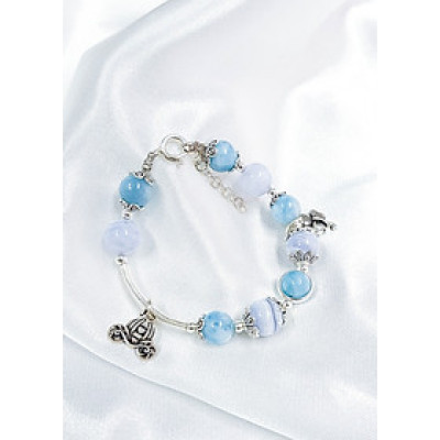 Vòng tay mệnh thủy, mộc đá Aquamarite mix đá chaladony + charm cỏ 3 lá, xe bí ngô LAT.102