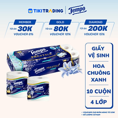 Lốc 10 Cuộn Giấy Vệ Sinh Tempo Prestige - Hoa Chuông Xanh