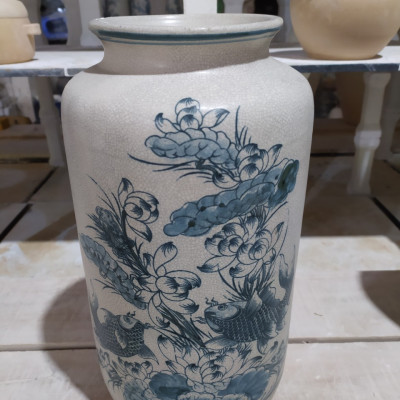 Bình hoa men rạn vẽ sen cá gốm Gia Hưng Bát Tràng