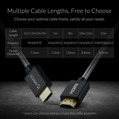 Cáp HDMI ORICO HD501-50-BK - chuẩn 2.0 4K/30Hz (dây dù) 5 mét - Hàng Chính Hãng