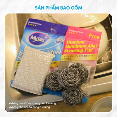 SET 4 Miếng Búi Sắt Cọ Xoong Nồi KÈM Miếng Chà Nồi Đa Năng MyJae
