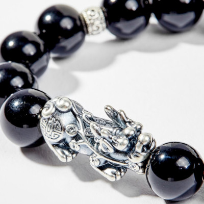 Vòng Tay Phong Thủy Đá Obsidian Phối Charm Tỳ Hưu Bạc (10mm) Mệnh Thủy, Mộc Ngọc Quý Gemstones